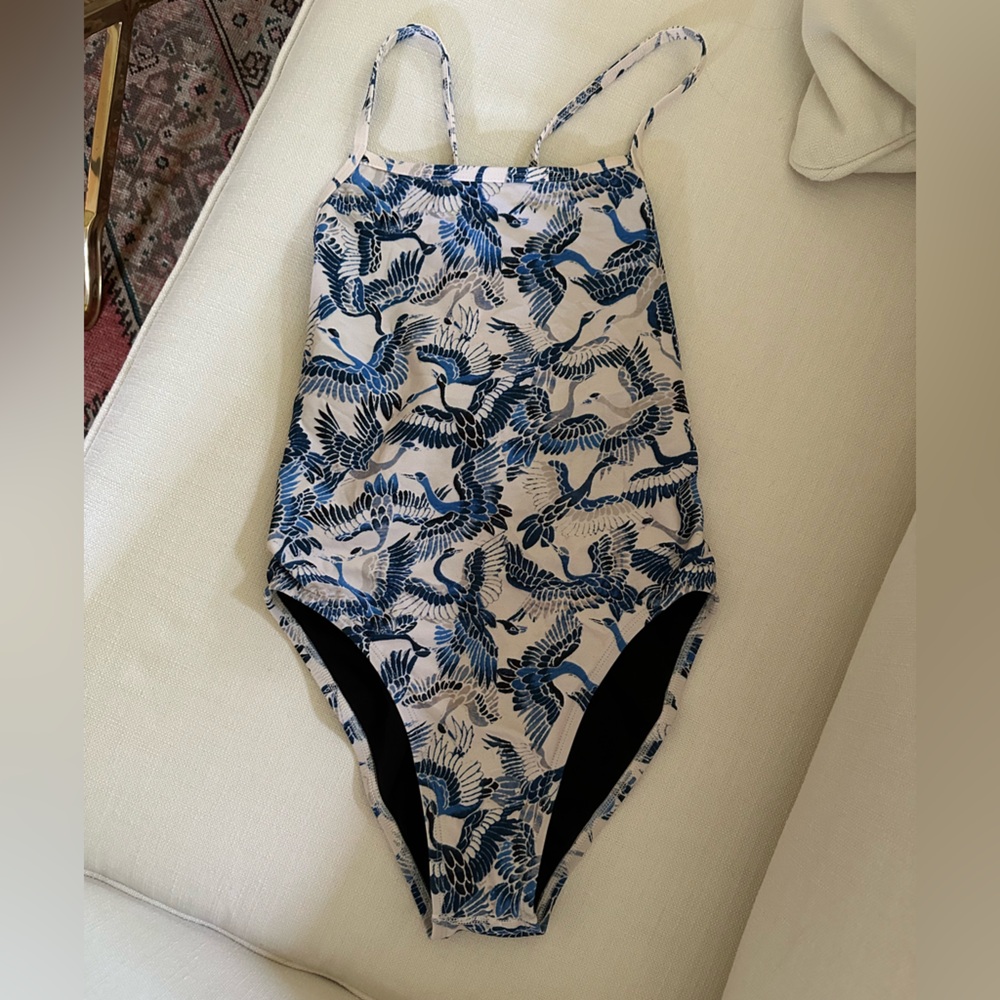 Women’s size 30 Jolyn Dayno II training bikini in blue and white bird pattern